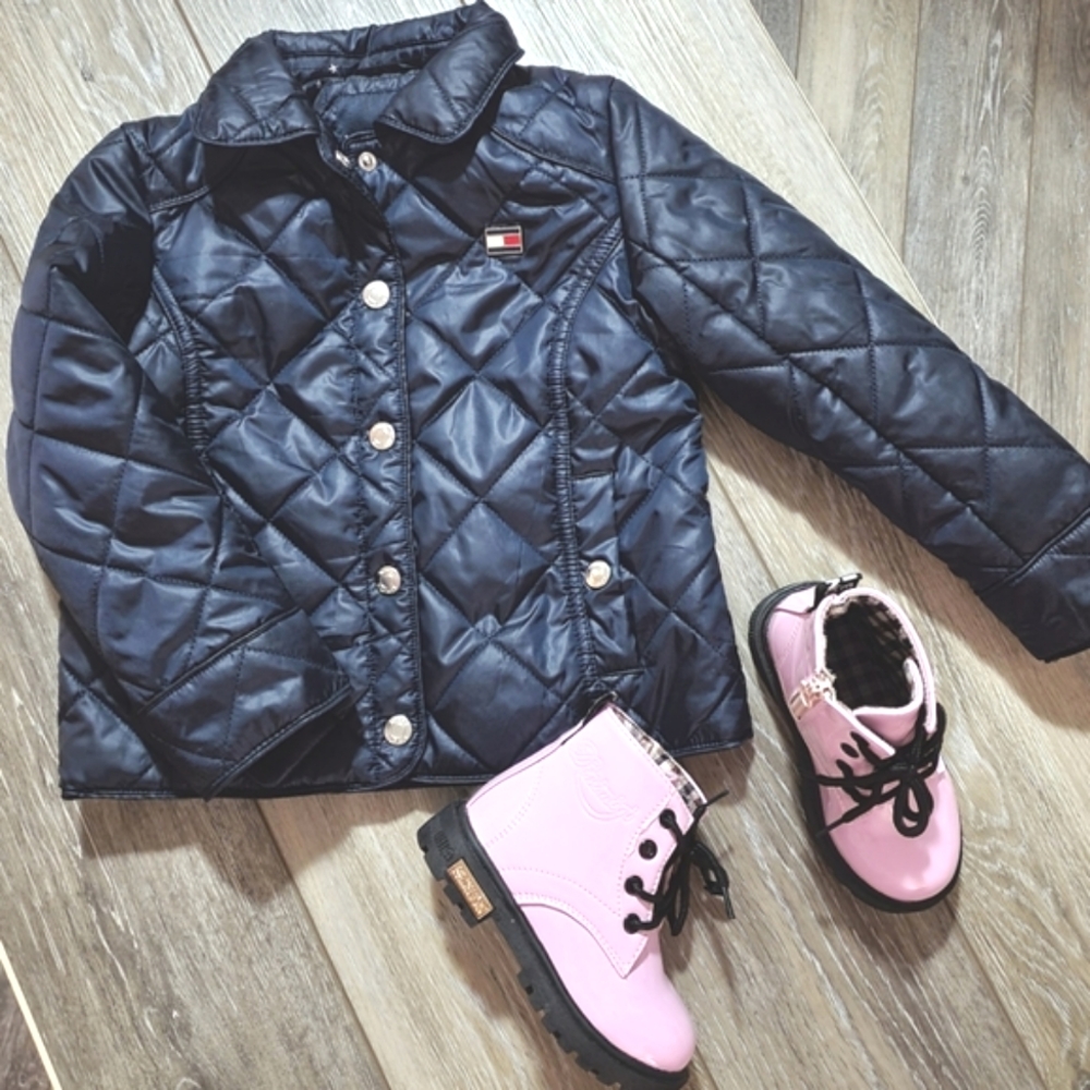 Tommy Hilfiger little girls navy blue shiny quilted barn puffer jacket Size 4T